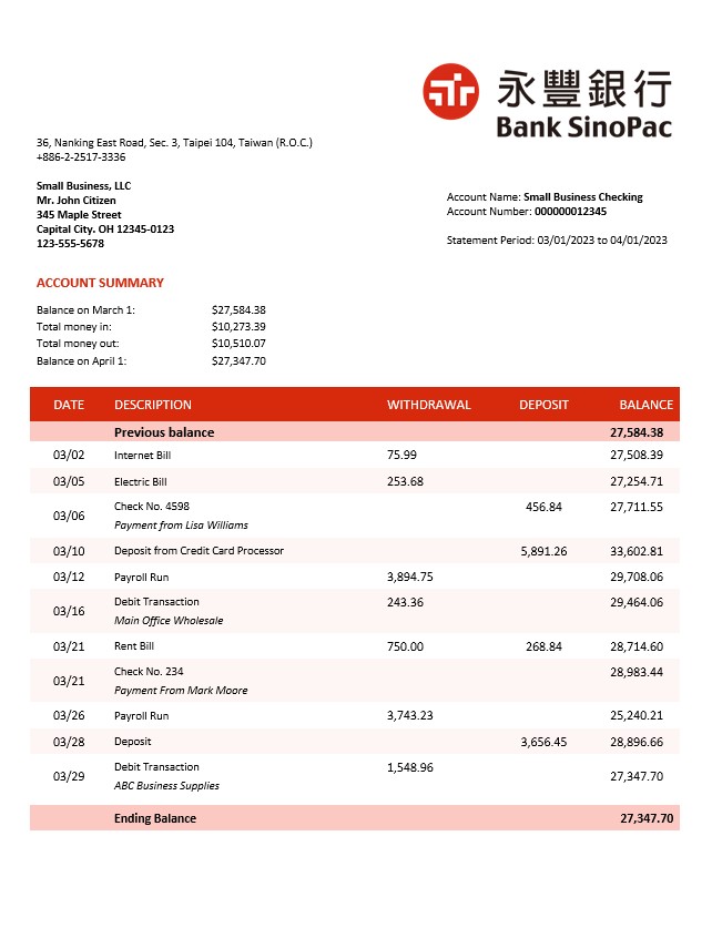 Modèle Word et PDF de relevé de compte d'entreprise de Bank Sinopac